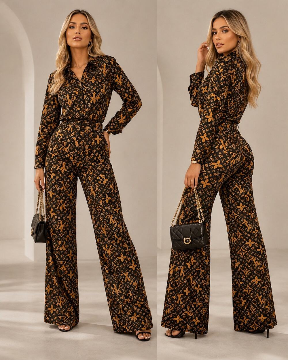 Brown & Mustard Monogram-Inspired Two-Piece Pant Set